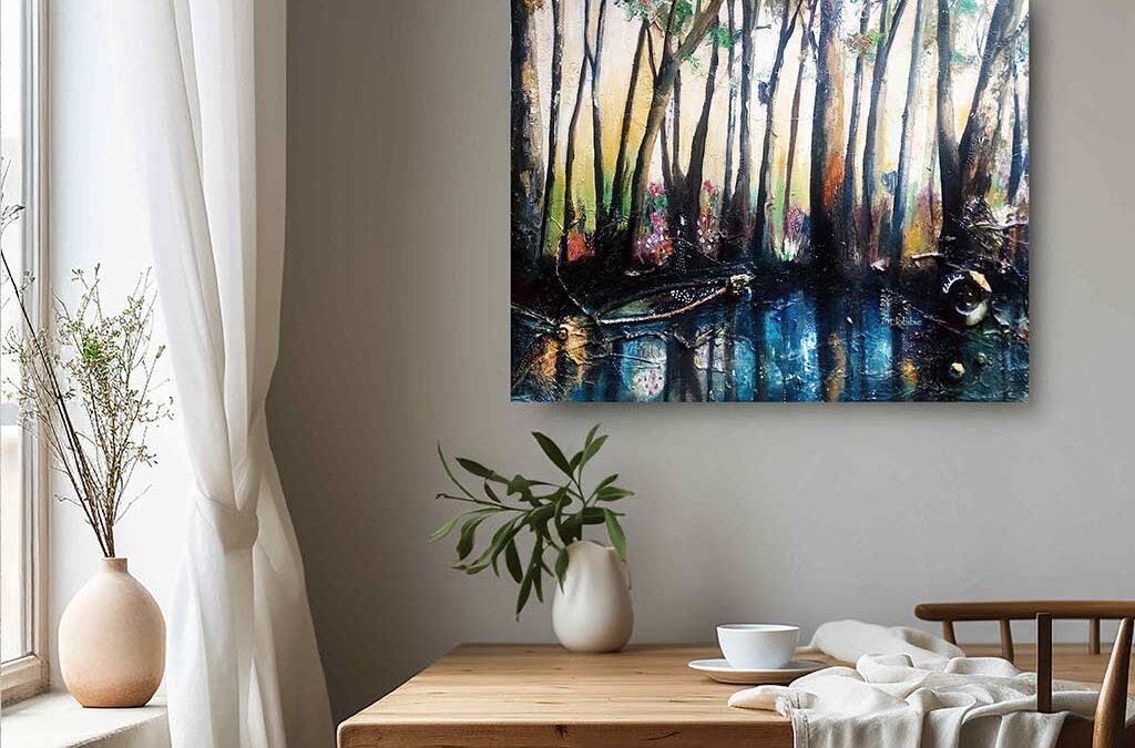 La Mare Froideau  Peinture paysage forestier en technique mixte