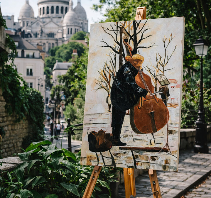 Contrebassiste à Montmartre – Peinture contemporaine Paris | Œuvre originale