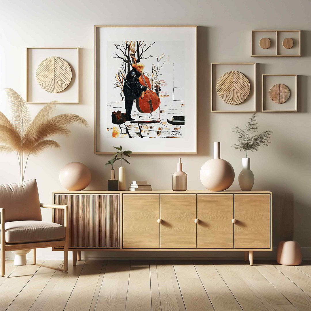 Peinture contemporaine représentant un contrebassiste à Montmartre, musicien de rue dans une ambiance hivernale poétique.