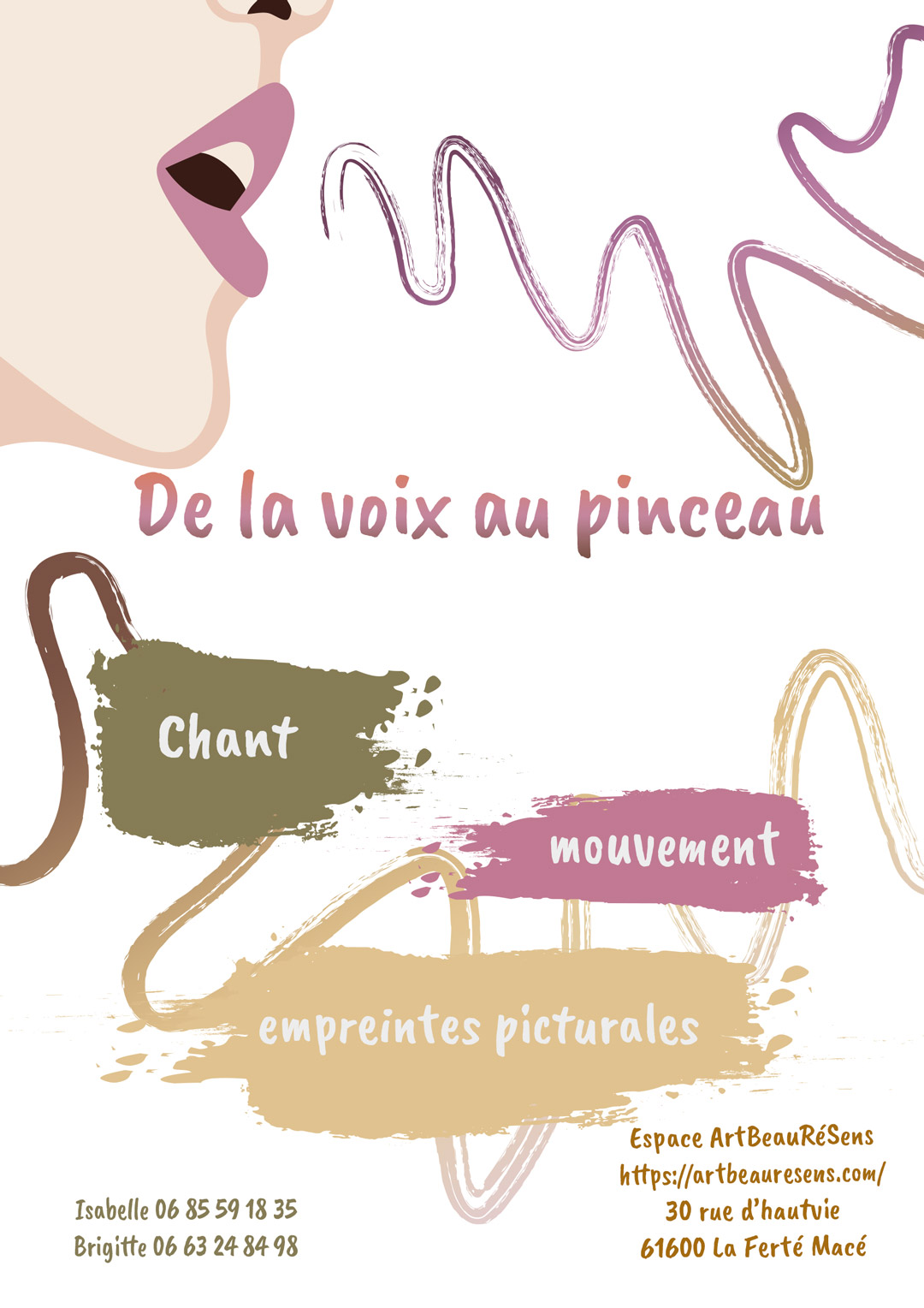 Affiche de l'atelier d'expression créative "De la voix au pinceau" organisé par Espace ArtBeauRéSens, combinant chant intuitif, mouvement corporel et peinture expressive (empreintes picturales) à La Ferté Macé.